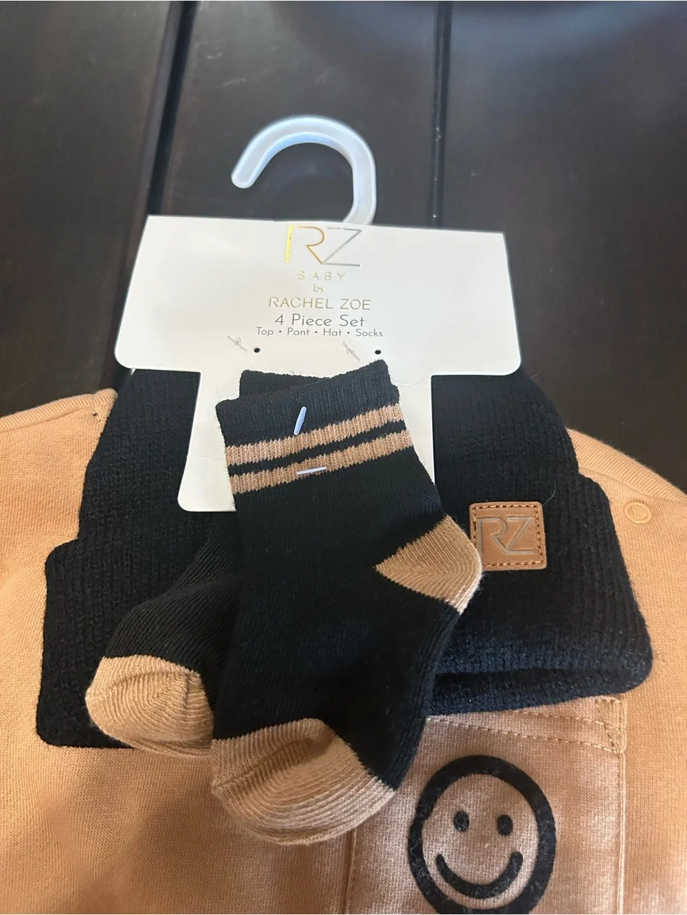 Rachel Zoe Tan and Black Kids Two-Piece Jogger Set with Smiley Patch